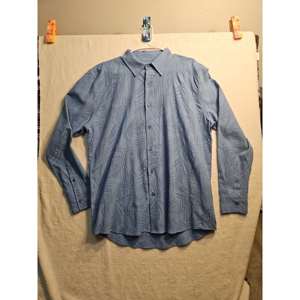 Zara Mens Medium 40 Shirt Blue Floral/Palm Design Regular Long Sleeve Button